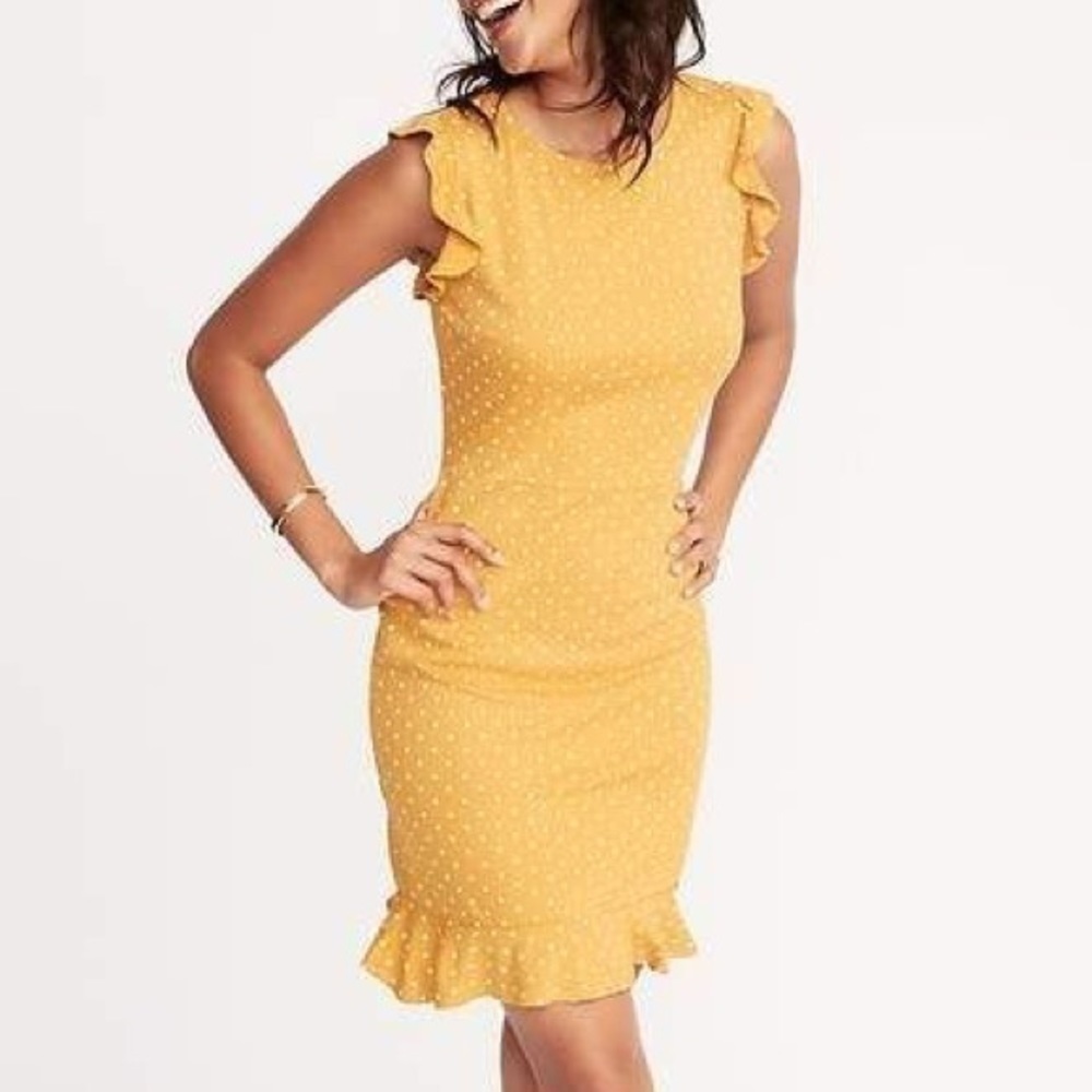 Old Navy Wmn M Yellow W/White Polka Dots Ruffled Zip Back Midi Shift Dress NWT